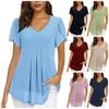 Women's T Shirts Fashion Solid Color V-Neck Petal Sleeve Double Layer Tops Kortärmad skjorta T-shirt Topp Women Blus 2024