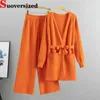 Women's Two Piece Pants Candy Colors Sweater Conjuntos Mid-length V Neck Cardigan Outfit And Baggy Wide Leg Ensembles Women Knitted 2 Sets