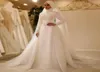 Ivory Muslim Hijab Wedding Dresses Gown With Overskirt Pearls Beaded Lace Appliques Long Arabic Dubai Islamic Wedding Gowns Custom9302783