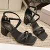 Women High Heel Sandals Chunky Heels Ankle Strap Shoe Genuine Leather Designer Heels Sandal Summer Open Toe Fashion Party Thick Heel Dress Shoes 6.5cm