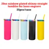 Rainbow Plated under 20oz Färgglada pulverbelagd spegel Skinny Straight Tumbler med färgat halmvakuumisolerad resemugg i USA Warehouse