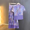 Sukienki robocze miyake letni styl 2-częściowy zestaw kukurydziany kwiat z krótkim rękawem Top kołnierzyka i spódnica wysokiej talii