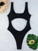 Women's Swimwear Sexy Tummy Cut Out Ribbed Backless One Piece Swimsuit Women Female High Leg Padded Bather Bathing Suit Swim K5263