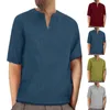T-shirts d'été pour hommes, couleur unie, hauts décontractés, col en v, manches courtes, ample, coton et lin, chemisier de Style ethnique