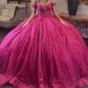 Rose Red Glitter Ball Gown Quinceanera Dresses Off The Shoulder Crystal Sequined Beading Tull Corset Vestidos De 15 Anos