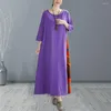 Vestidos casuais mulheres vestido elegante retro cor combinando maxi com botão decoração silhueta de linha para tecido respirável macio três