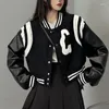 Women's Hoodies Black Baseball Jacket Women Y2k Long Sleeve Pu Patchwork Cropped Bomber Jackets Fashion Loose Outwear Streetwear Female