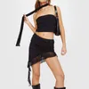 Robes de travail Hirigin Mode Femmes 3 pièces Tenues d'été Hauts bandeau et jupe irrégulière à volants en maille avec écharpe ensemble pour streetwear