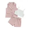 Ensembles de vêtements pour petites filles, 2 pièces, tenues d'été, sans manches, boutonné, blazer, haut caraco, short ceinturé, costumes pour enfants