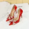 Pumps BigTree Schuhe Bankett High Heels Lack Leder flacher Mund Side Side Hohlpearl Wasser Diamond Bogen für Frauen