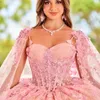 Pink Shiny Sweetheart Princess Quinceanera klänning spets pärlor med kappkulklänningar vestidos de 15 anos