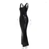 Casual Dresses PU Leather Sleeveless Straps Black Slit Sexy Bodycon Maxi Prom Dress 2024 Spring Women Fashion Outfits Party Nightclub