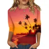 Kvinnors T-skjortor Hawaii Tryck Tre kvart ärm Sleeve Button Neck Casual Top T-shirt med en bas