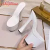 Klänningskor Nya 8 färg Womens High Heel Sandals 2021 Summer Transparent PVC Sexy Wedding Slippers 20cm Platform tjock storlek 43 H240325