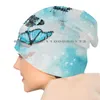 Berets Butterflies' Flight Beanies Knit Hat White Watercolor Sparkly Blue Butterflies And Black Light