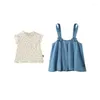 Abiti da ragazza Amila Gonna per bambini Set 2024 Abito estivo con bretelle in denim con top floreale Abbigliamento carino e dolce per ragazze 0-6 anni