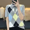 Sommer Frauen Vintage Klassische Argyle Kurzarm Gestrickte T-shirt Y2K Weibliche Trendy Casual Polo Kragen Lose Chic Tops 240315