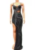 Beyprern Luxury Black Crystal Long Maxi Dress Gown Sparkle Mesh Patchwork High Slit Party Club Birthday Outfits Night Wear 240315