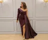 Elegant Burgundy One Shoulder Arabic Evening Wear Lace Appliques Sexy Split Side Formal Dress Long Sleeves Floor Length Prom Gowns8208772