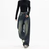 Kvinnors jeans casual stil kvinnor byxor vintage hög midja bred ben denim med djupa grenfickor golvlängd lös för höft