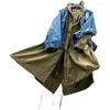 Men's Jackets Destroyed Denim Patchwork Military Green Windbreak Jacket Mid Length Loose Coat For Men And Women