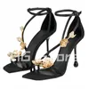 Scarpe eleganti da donna Moda Bottone orchidea dorata Tacco alto sottile Sandali con punta quadrata Sandali con cinturino alla caviglia aperti neri Festa