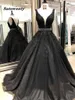 Black Long Prom Dresses with Beading VNeck Ball Gown Tulle Appliques Lace Saudi Arabic Evening Dress Gown abiye gece elbisesi508625771713