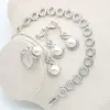 Fios de água doce branca pérolas de água prateada 925 conjuntos de jóias para mulheres de colar de casamento de colar de pingente anel de zircônia