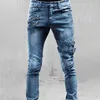 Jeans masculinos homens elástico denim rua calças finas retalhos buracos rasgados angustiado cintura elástica zíper ferrolho calças retas