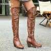 Laarzen bonjomarisa over de kniehoge cowboylaarzen voor dames borduurwerkmode dij hoge cowgirl laarzen blok hiel western laarzen schoenen