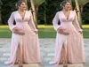 Light Pink Chiffon Evening Dresses Deep V Neck Long Sleeves Prom Dress Side Split A Line Bride Party Gowns9343756