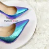 Robe chaussures femmes bleu peau de serpent talons hauts 2023 nouvelles pompes de mariage brillantes bout pointu fête 12cm holographique élégant stilettos h240321