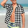 Mäns avslappnade skjortor klassiska checkerboard Hawaiian skjorta herr strand svart och vit checker koreanska mode överdimensionerade blusar