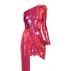 Club rose paillettes fête femmes une épaule à manches longues Mini robe de bal d'anniversaire robes de soirée