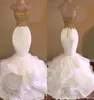 Sexig sjöjungfru White and Gold Prom Dresses Spaghetti Strap Applicies Lace Ruffles Organza Backless Long African Prom Dress for Gradu8365026