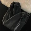 Mäns jeansbyxor med tryck för män beskurna manliga cowboybyxor svart harem staplade goth vanlig baggy 2024 koreansk hösttrend xs