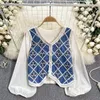 Damesblouses Retro Patchwork Enkele rij knopen Bladerdeegblouse met lange mouwen V-hals Casual Koreaanse mode Blusas Zomerdruppel