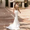 Bohemian Deep v Mermaid Wedding Gown Lace Appliques korta ärmar Satin Brudklänning för kvinnor Vestido de Mariee Elegant