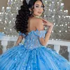 Céu azul brilhante princesa quinceanera vestidos 2024 apliques florais rendas espartilho fora do ombro vestidos de baile de 15 anos