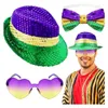 Boinas Sombrero Verde Dorado Lazos Corbata Y Gafas Set Mardi Grases Party Supply