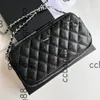 Bolsas WOC de couro de cordeiro / caviar preto clássico designer 2 em 1 com zíper bolsa prata / ouro metal hardware corrente matelassê bolsa porta cartão de telefone crossbody 20x10cm