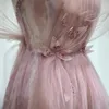 Runway Dresses Luxury Pink Floral Tulle Long aftonklänning 2024 Spaghetti Stems Backless Formal Prom for Women Födelsedagsbröllopsfest