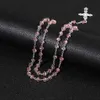 KOMi Pink Rosary Beads Cross Pendant Long Necklace For Women Men Catholic Christ Religious Jesus Jewelry Gift R-233232R