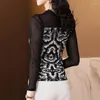 Women's T Shirts Women Korean Fashion Print Sexy Sheer Mesh Patchwork Elegant Shirt Autumn V Neck Long Sleeve Slim Basic Tops Ropa De Mujer