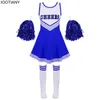 Ärmelloses Tanzkostüm für Mädchen, Cheerleading-Uniform, Kinder-Cheerleader-Outfit, Rundhalsausschnitt, Kleid mit Buchstabendruck, Blume und Socken 240305