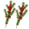 Flores decorativas 2 pçs flor artesanato decoração natal pinho cone diy bagas vermelhas agulha berry stem ornamento artificial