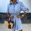 Robes décontractées Été Printemps Chemise à manches longues Robe de mode Col rabattu Couleur unie Courte Taille haute à lacets Denim A-ligne