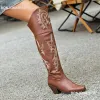 Laarzen bonjomarisa over de kniehoge cowboylaarzen voor dames borduurwerkmode dij hoge cowgirl laarzen blok hiel western laarzen schoenen