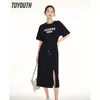 Party Dresses Toyouth Women Dress 2024 Summer Short Sleeve O Neck Loose DrawString midjebrev Tryck avslappnad mångsidig svart t-shirt kjol