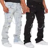 Men's Jeans Men Straight Pants Mid Waist Denim Patchwork Zipper Cargo Pockets Solid Ankle Length Slight Strech High Street